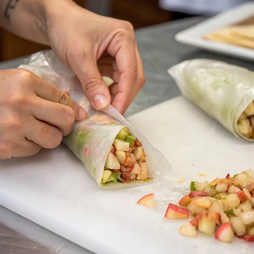 Rolling apple filling into rice paper wrapper.