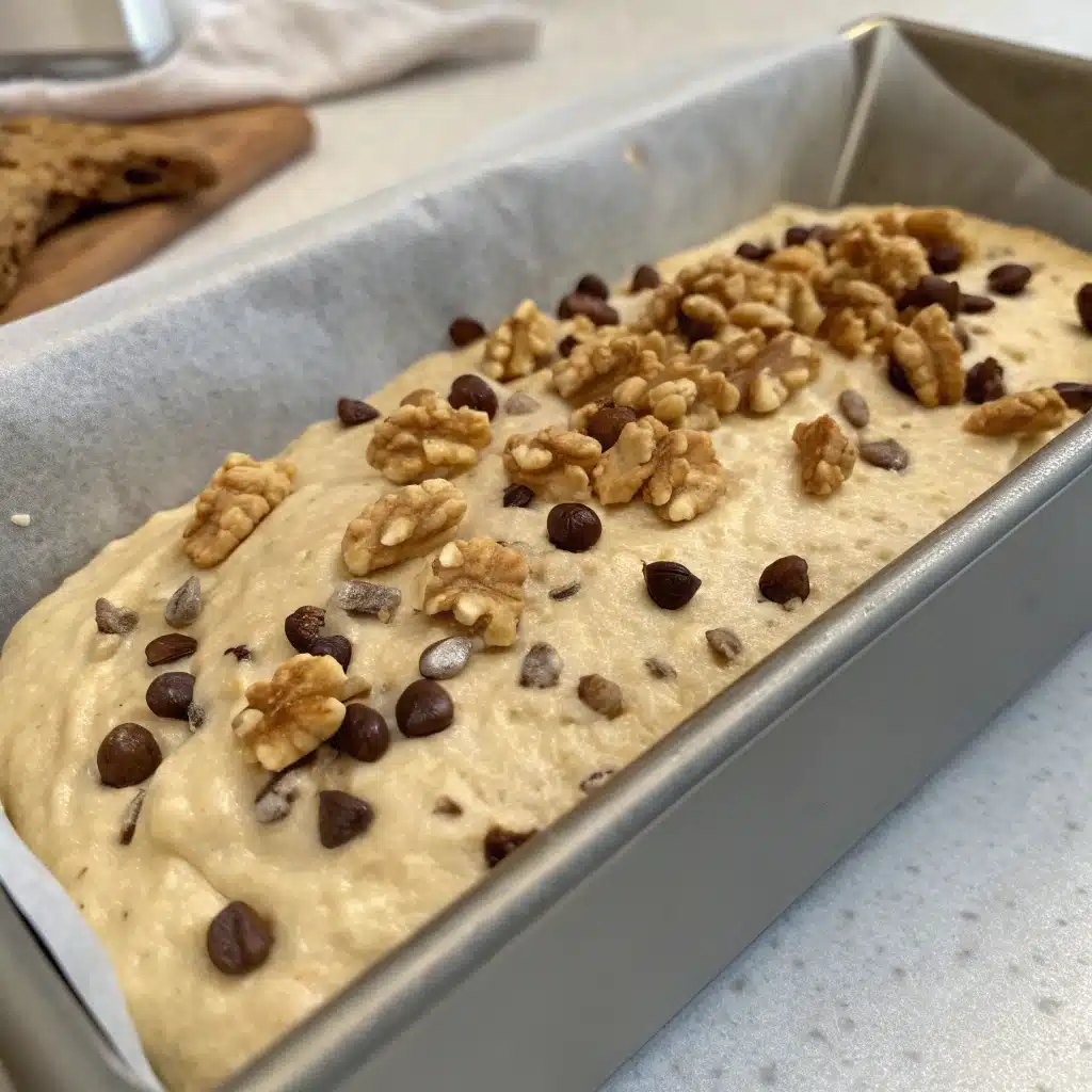Vegan banana bread batter in a loaf pan topped with nuts.