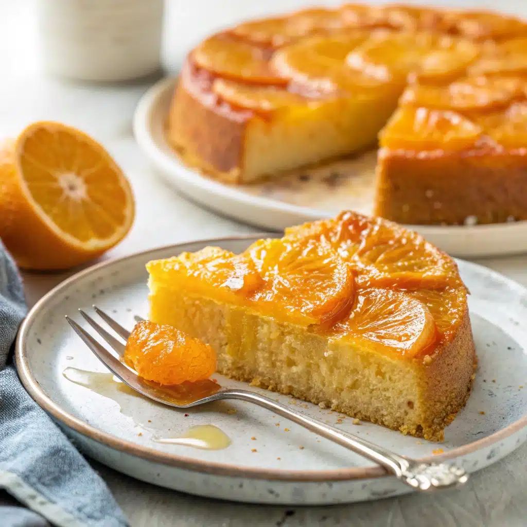 A slice of moist gluten free orange cake on a plate.