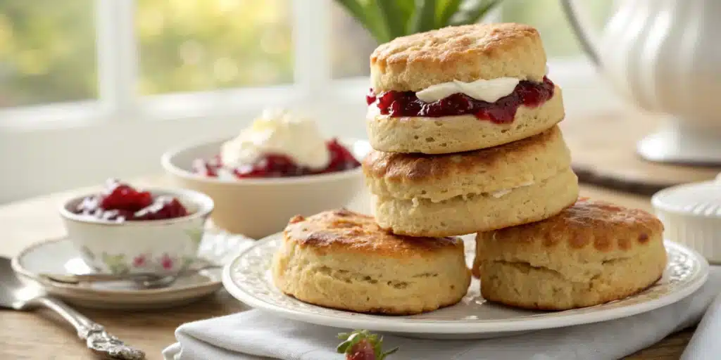 Stack of gluten free scones with jam and cream.