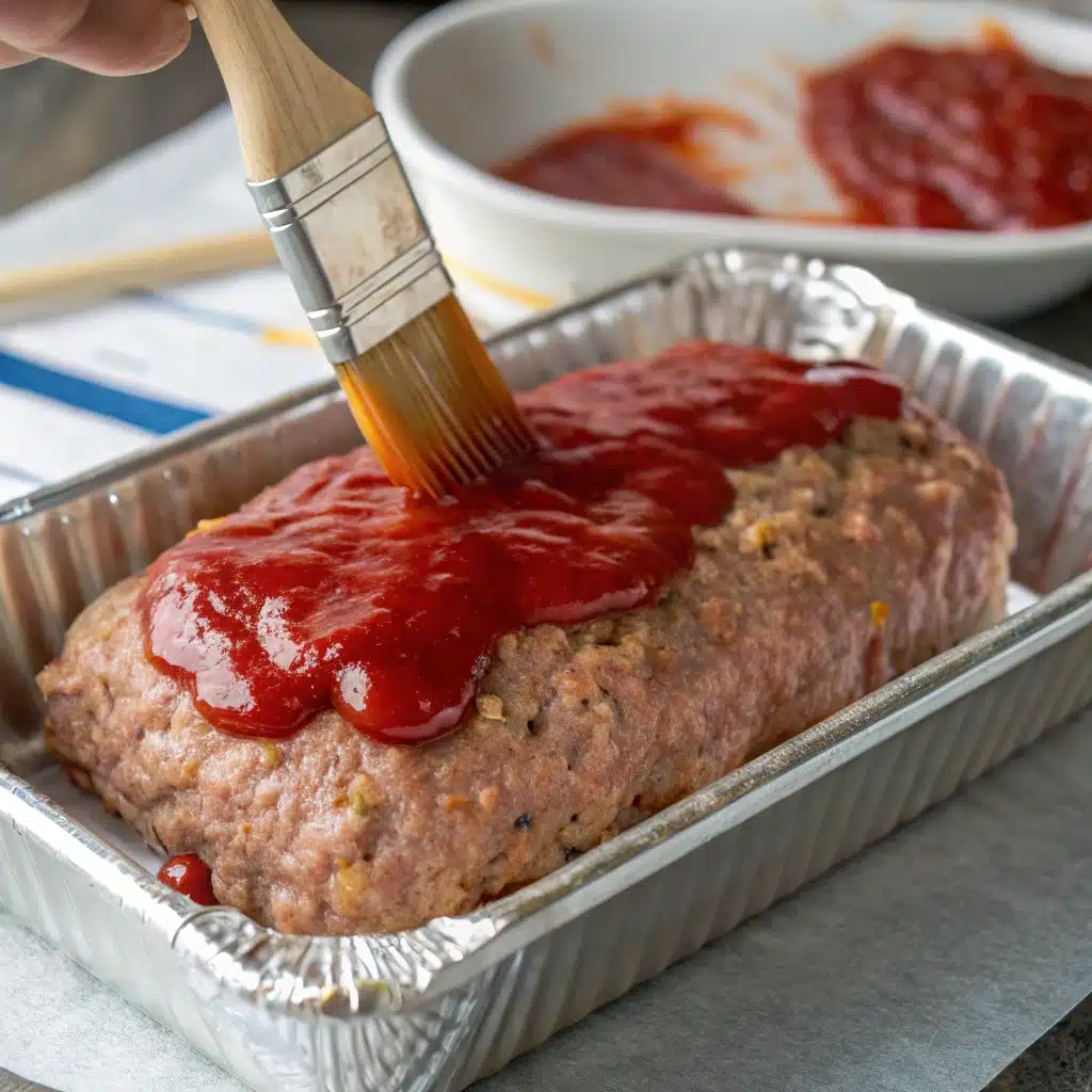 Brushing glaze onto raw gluten free meatloaf.