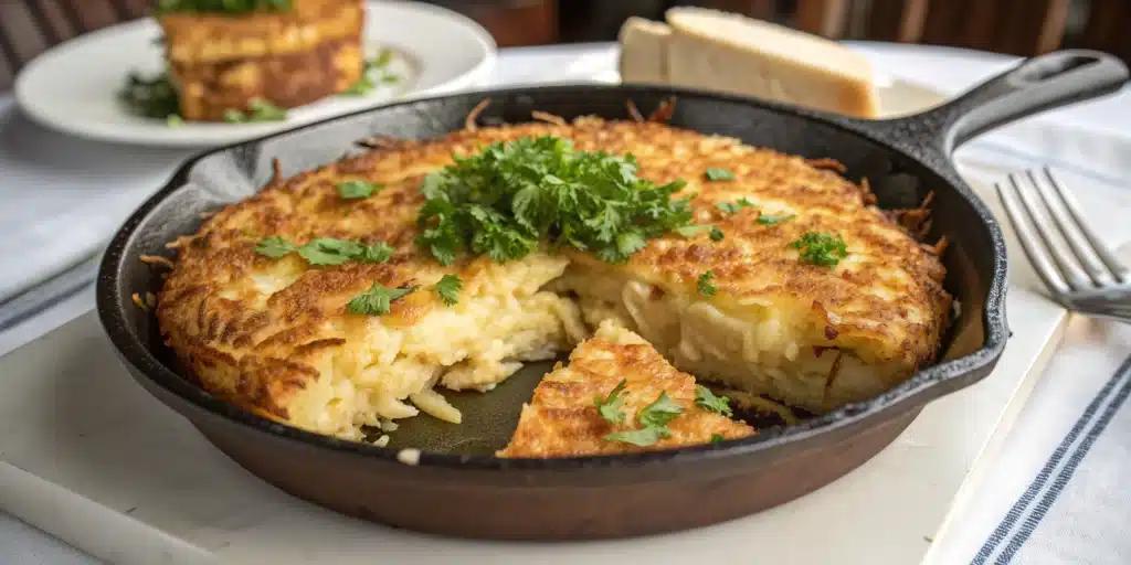 Crispy golden Frika potato and cheese hash in a skillet.