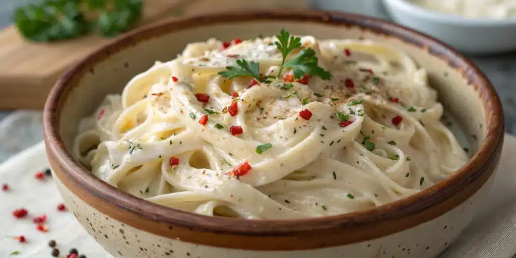 A bowl of creamy Gluten Free Coconut Milk Alfredo pasta garnished with parsley.