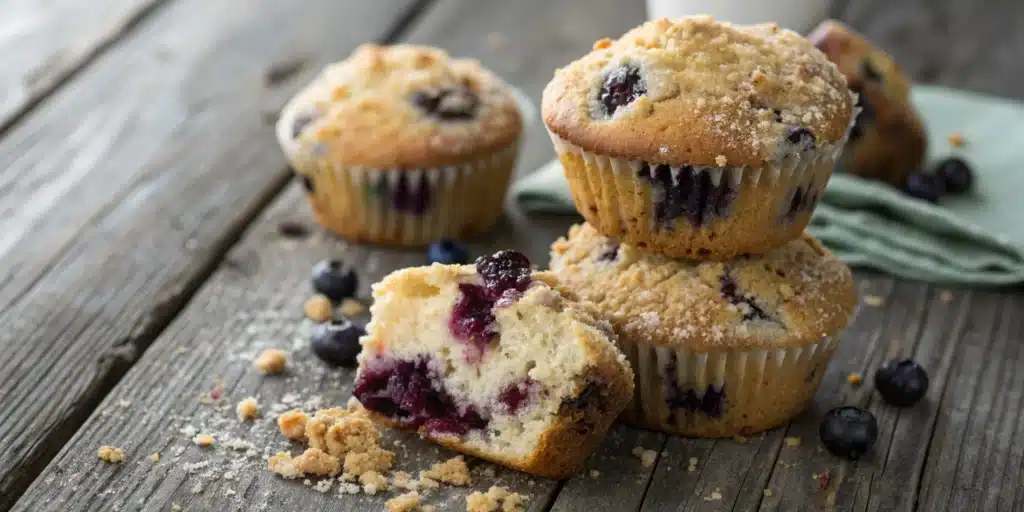 Bakery style gluten free blueberry muffins with sugar topping.
