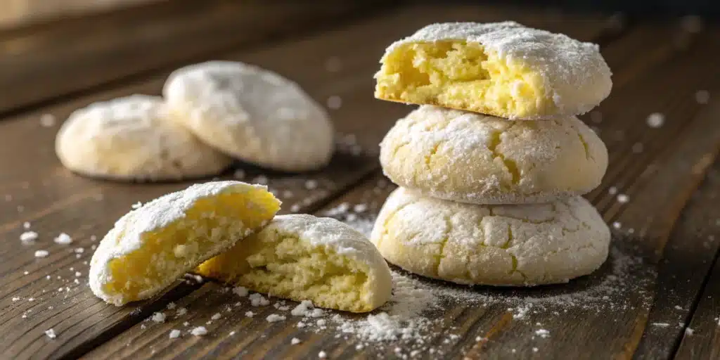 A stack of soft Gluten Free Gooey Butter Cookies with powdered sugar crinkles.
