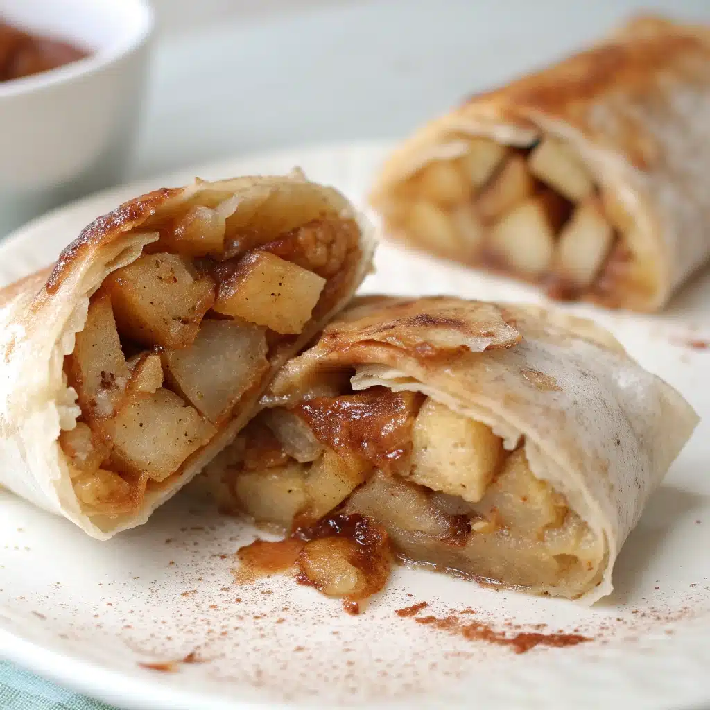 Cross section of a cooked apple pie rice paper roll.