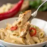 Chicken Pasta with Cashew Cream Cajun A bite of creamy gluten free cajun pasta on a fork.
