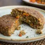 Cooked lentil burger patty broken in half.