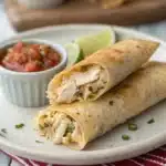 Cross section of a cooked chicken taquito.