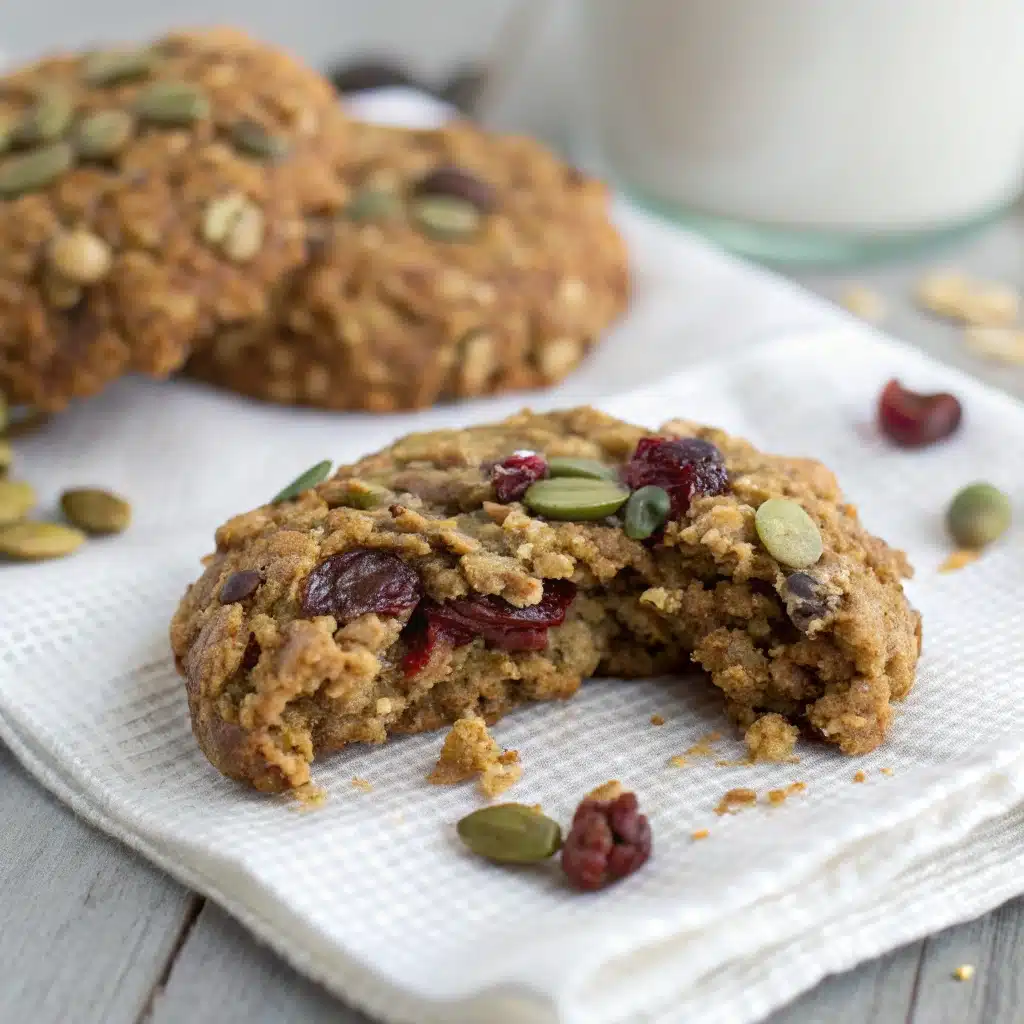 A bite taken out of a gluten free energy cookie.