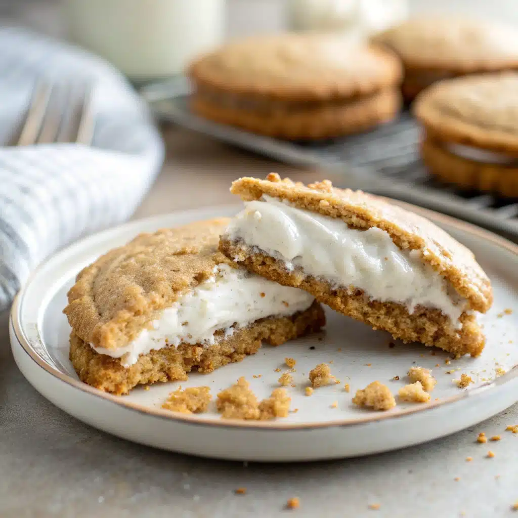 A single gluten free oatmeal cream pie with a bite taken out.
