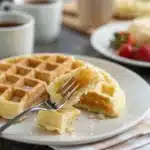 A bite of fluffy gluten free waffle on a fork.