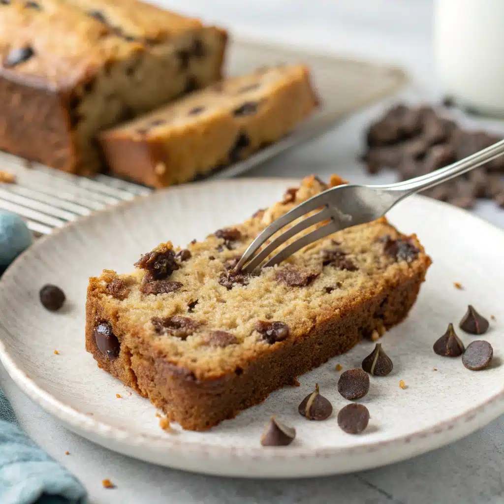 A slice of vegan oat flour banana bread on a plate.