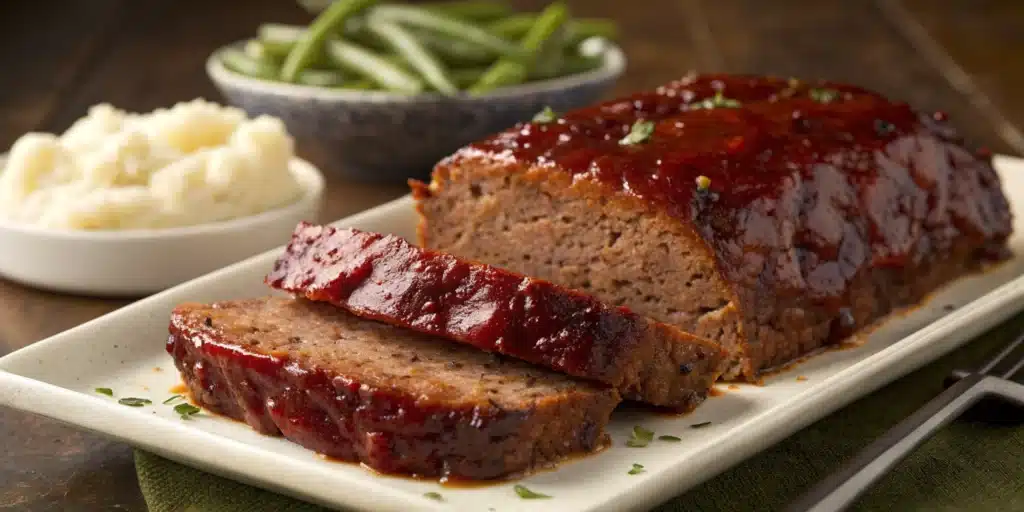 Sliced gluten free meatloaf with shiny glaze.