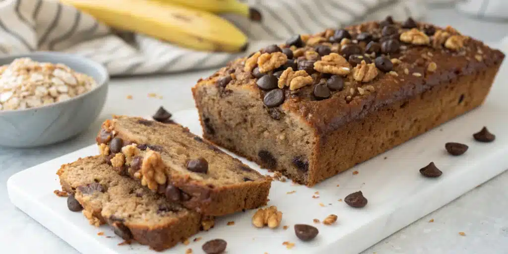 Sliced vegan and gluten free banana bread with chocolate chips.