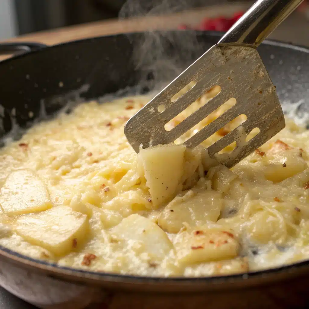 Melting cheese into the potato hash mixture.