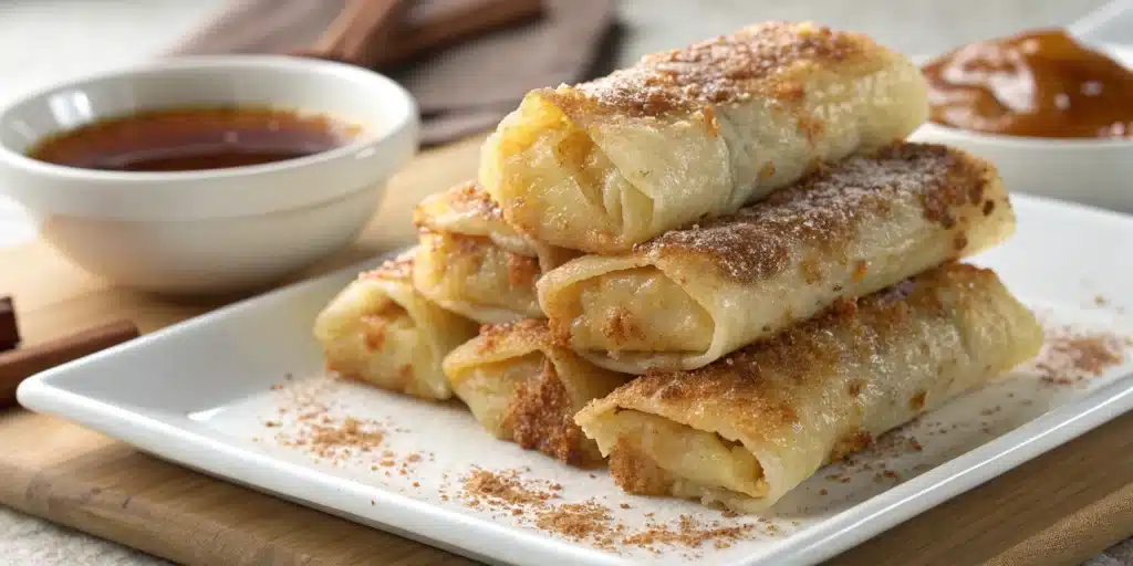 Stack of crispy baked apple pie rice paper rolls.