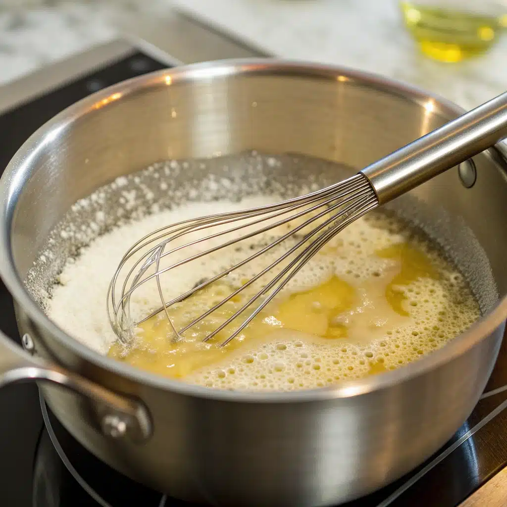  Whisking butter and flour roux for cheese sauce