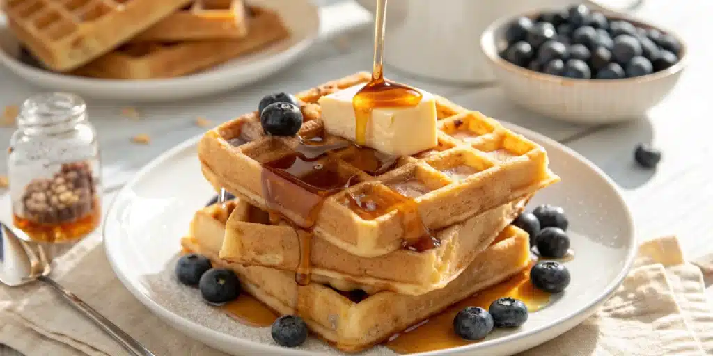 Stack of crispy gluten free waffle recipe with syrup and butter.