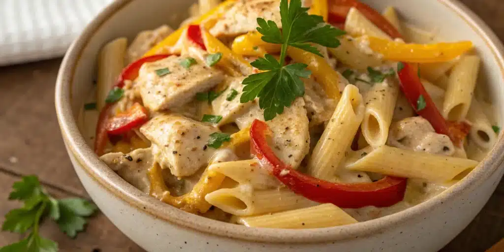 Bowl of creamy Cajun chicken pasta with peppers.
