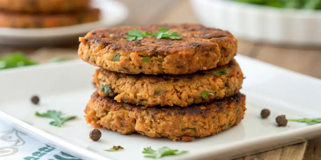 Crispy gluten free lentil burger with toppings.