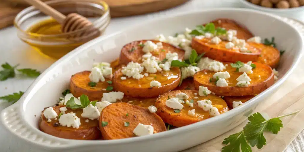 A platter of Roasted Sweet Potato Rounds with Honey & Feta cheese.