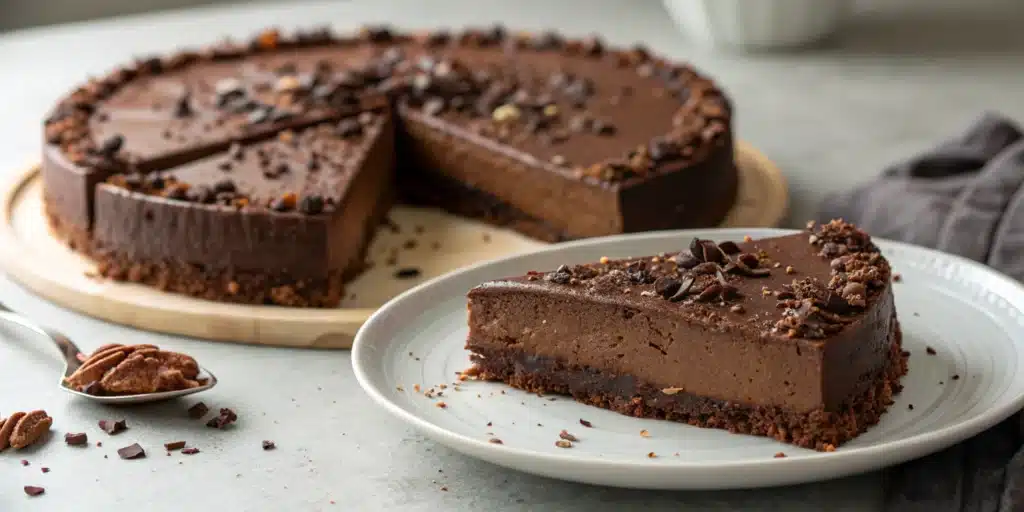 A whole No Bake Chocolate Torte with a slice removed to show the rich texture.