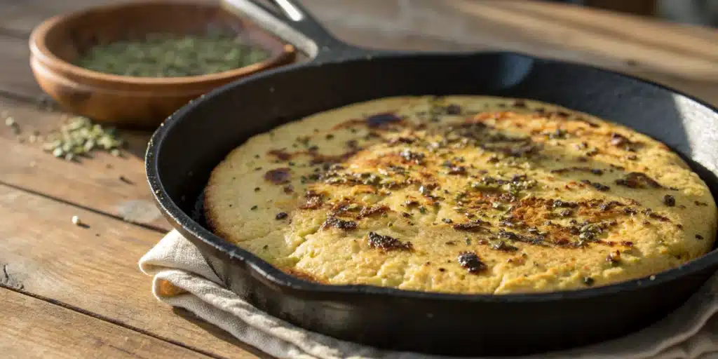 A golden crispy Gluten Free Chickpea Flatbread in a cast iron skillet.