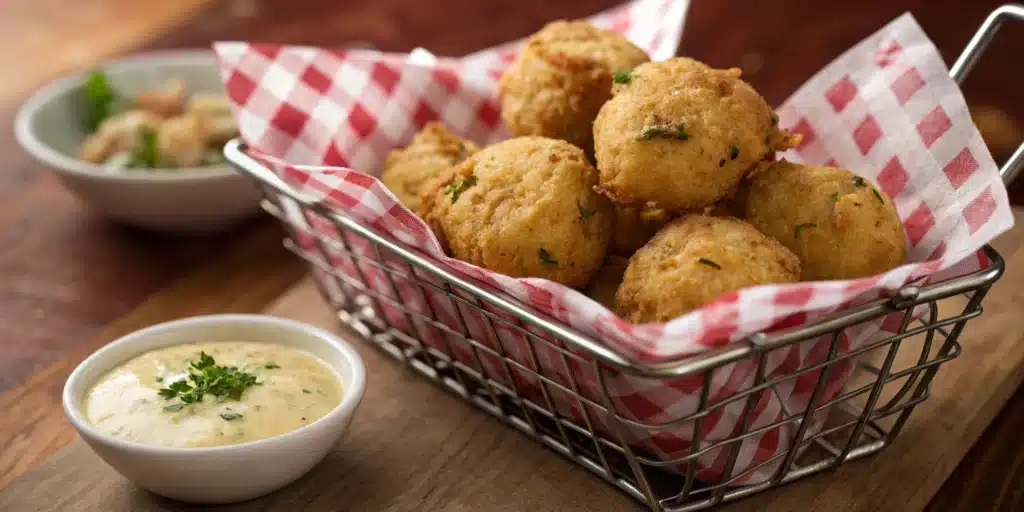 A basket of golden crispy Gluten-Free Hush Puppies with dipping sauce.
