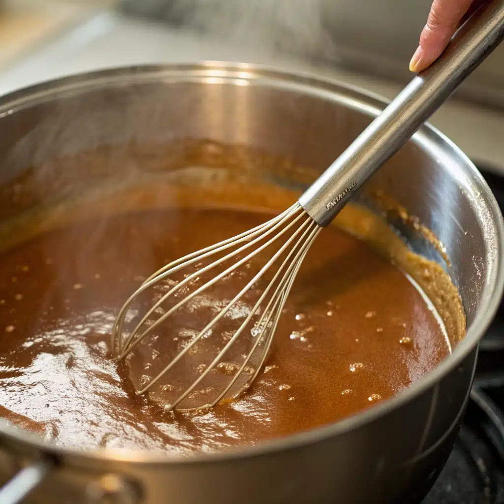 Whisking boiling gluten free gravy in a saucepan.