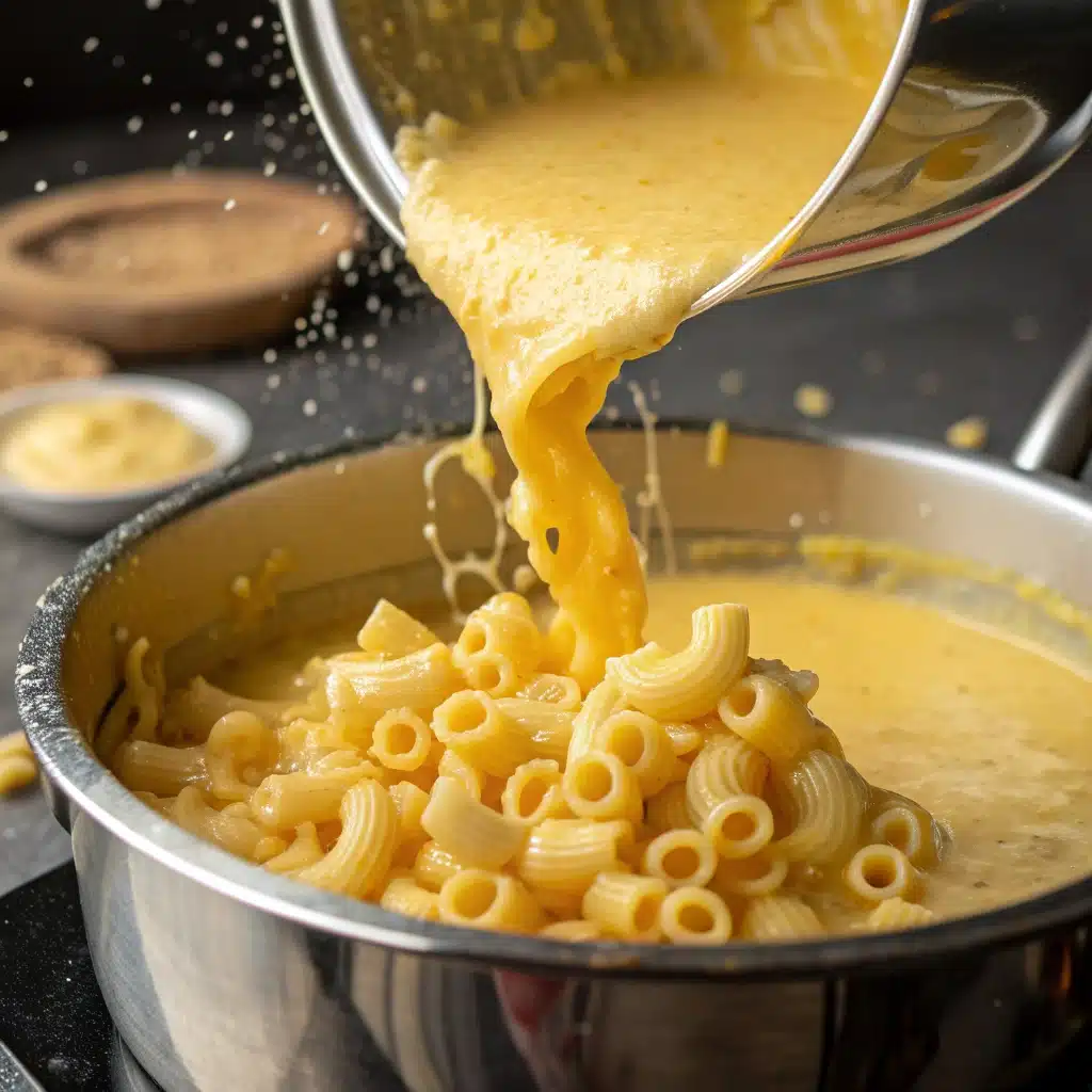 Pouring pasta into gluten free cheese sauce.