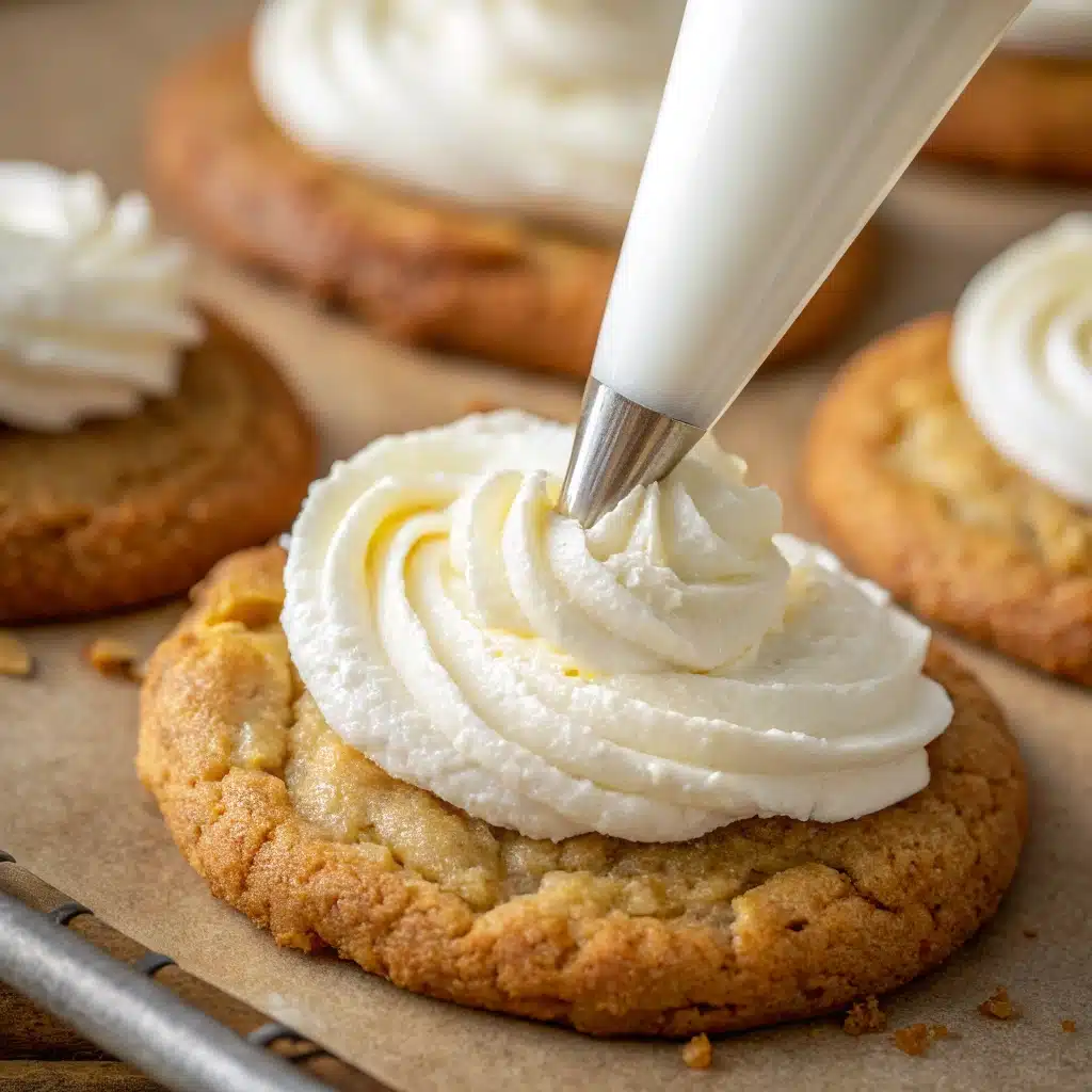 Piping marshmallow cream onto a gluten free oatmeal cookie.