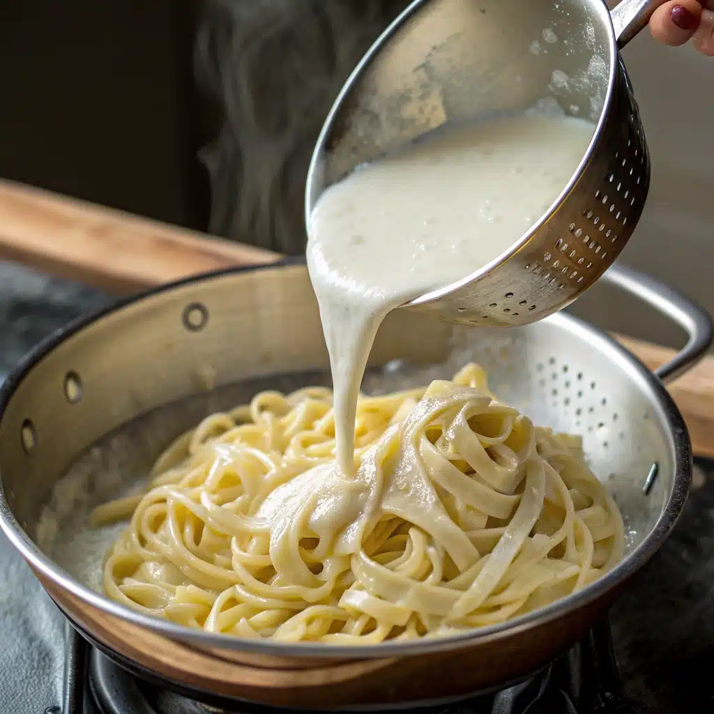 Pouring thick coconut milk alfredo sauce over cooked gluten-free pasta.