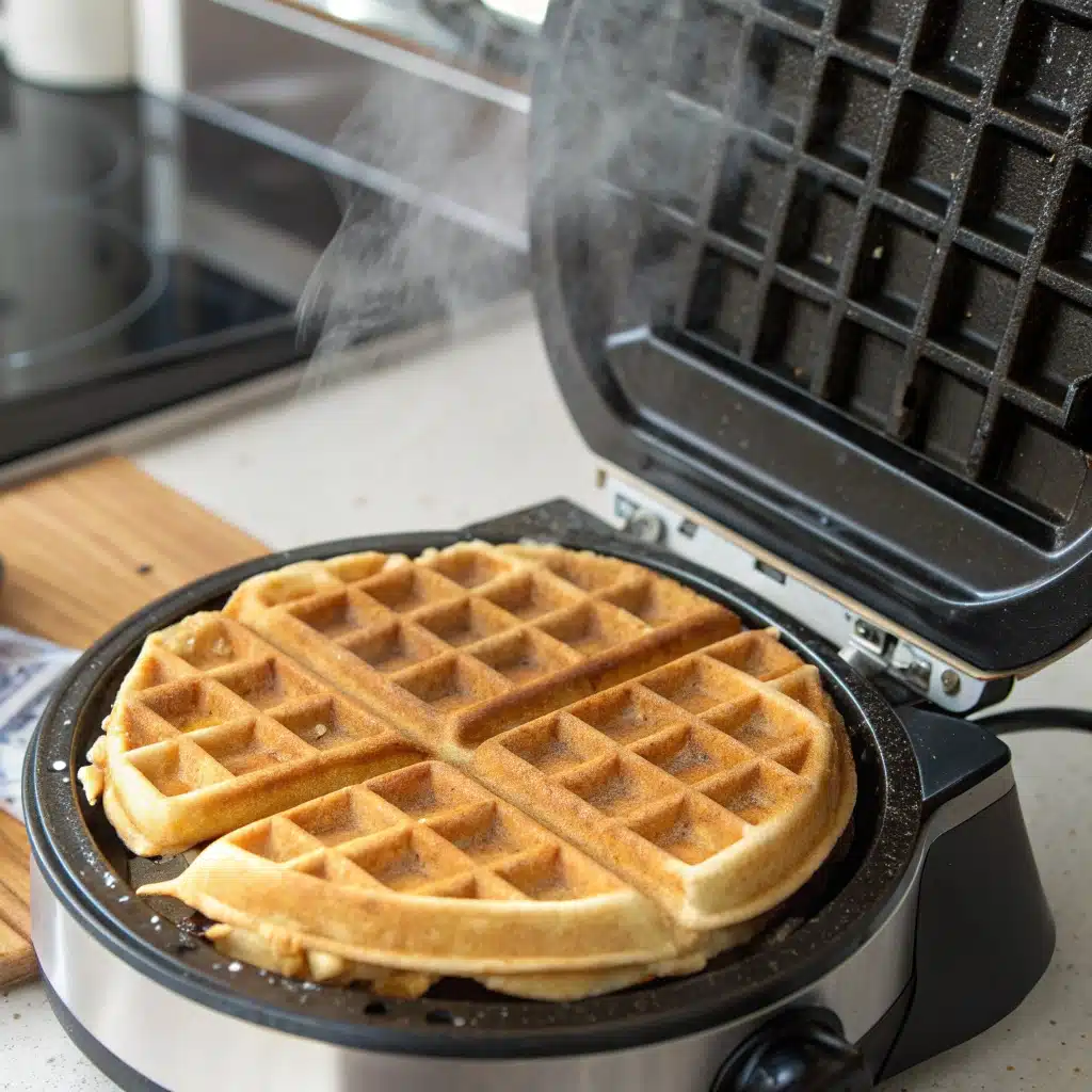 A cooked gluten free waffle inside the waffle iron