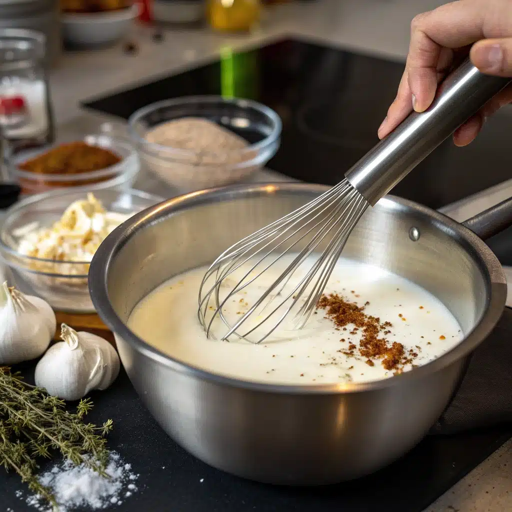 Whisking coconut milk, spices, and starch in a saucepan.