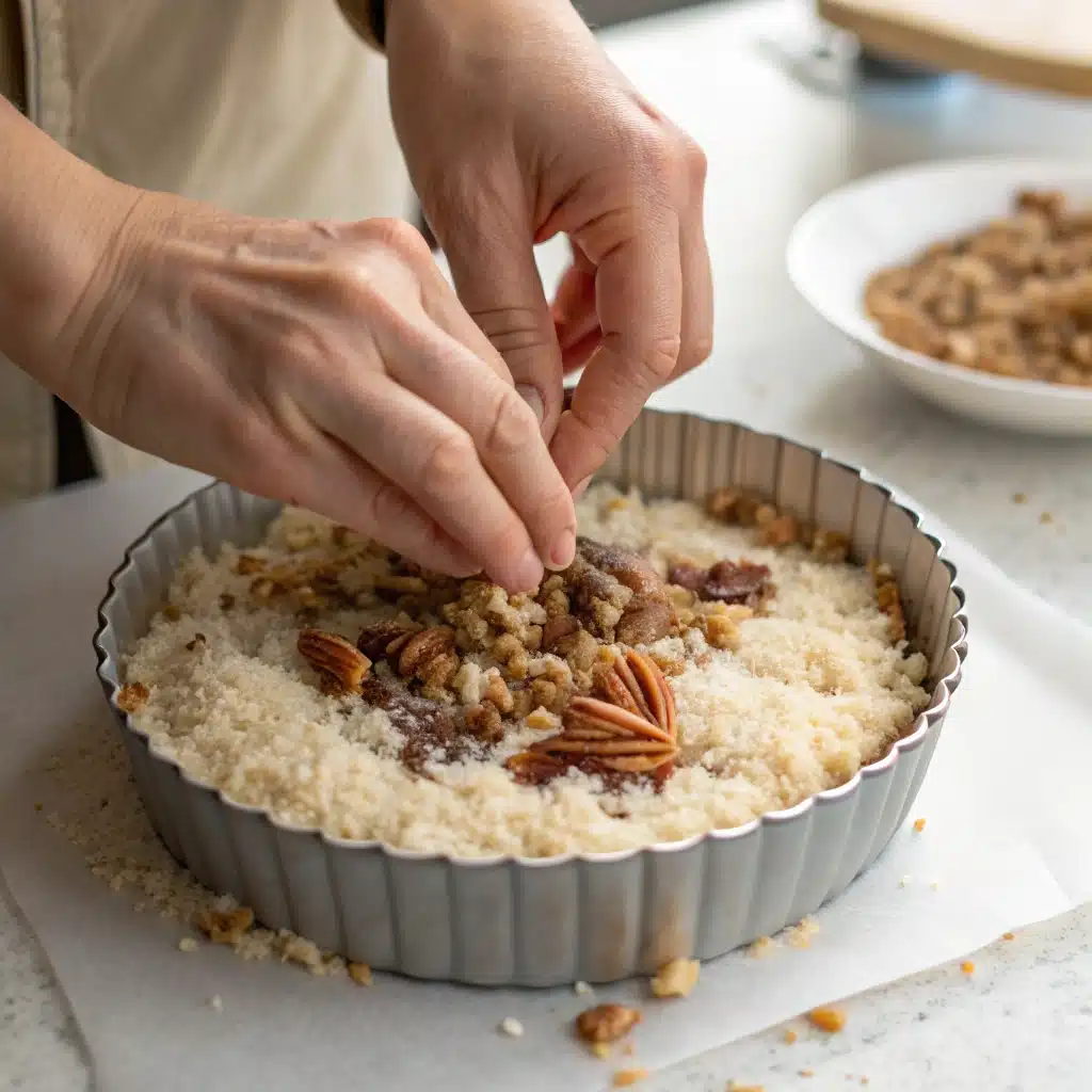  Pressing the pecan and coconut crust into a springform pan.