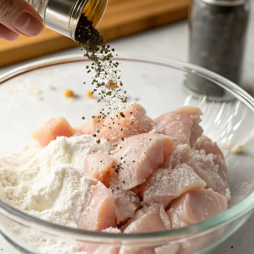 Tossing chicken pieces in seasoned cornstarch for a crispy gluten-free coating.