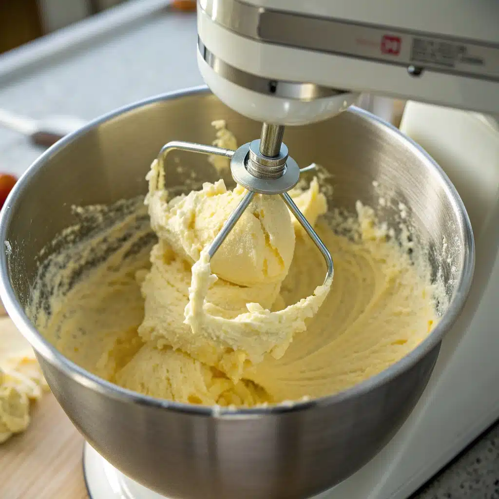 Creaming butter and cream cheese together in a stand mixer.