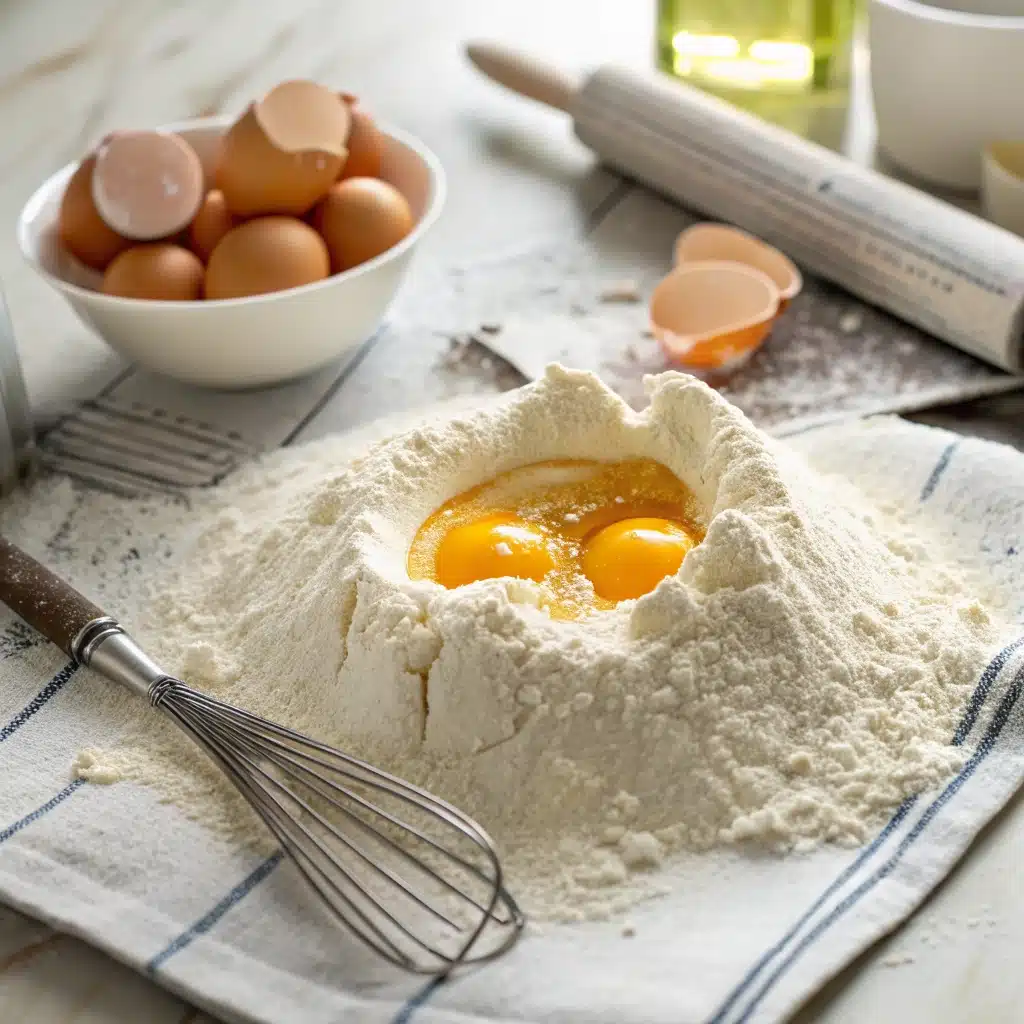  A mound of gluten-free flour with eggs in a well, ready to be mixed.