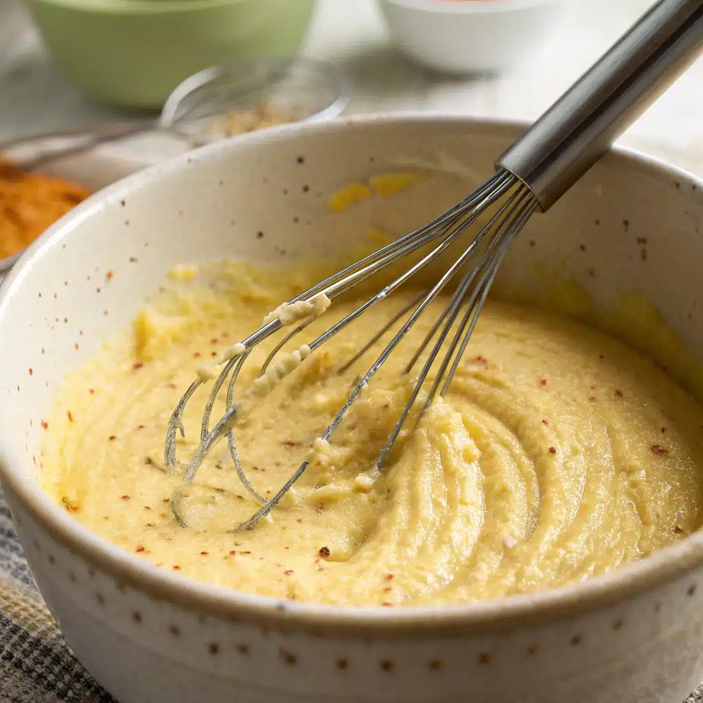 Mixing the thick cornmeal batter for gluten-free hush puppies.