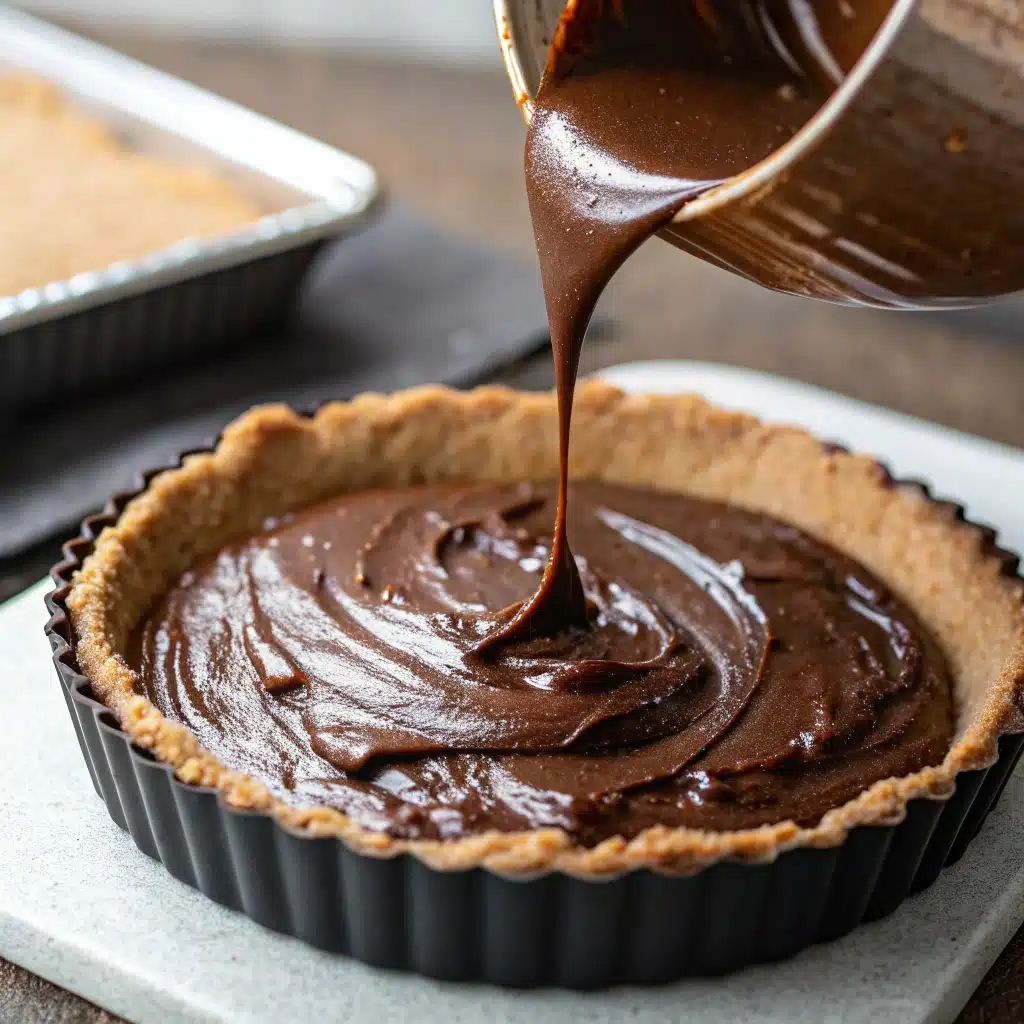  Pouring the melted chocolate filling into the crust.