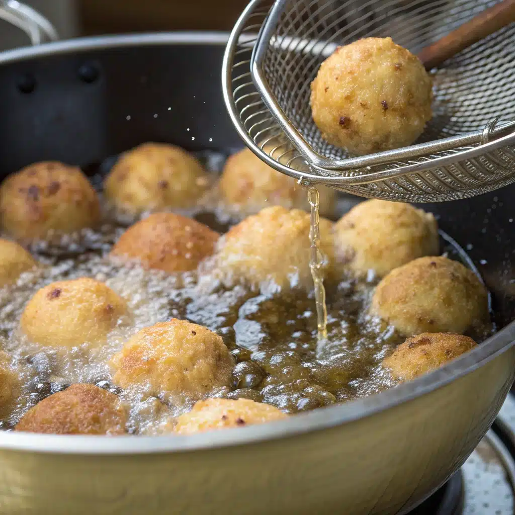 Frying gluten-free hush puppies in a pot of hot oil.