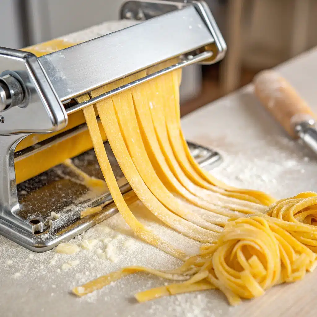 Cutting sheets of gluten-free pasta dough into strands using a pasta machine.