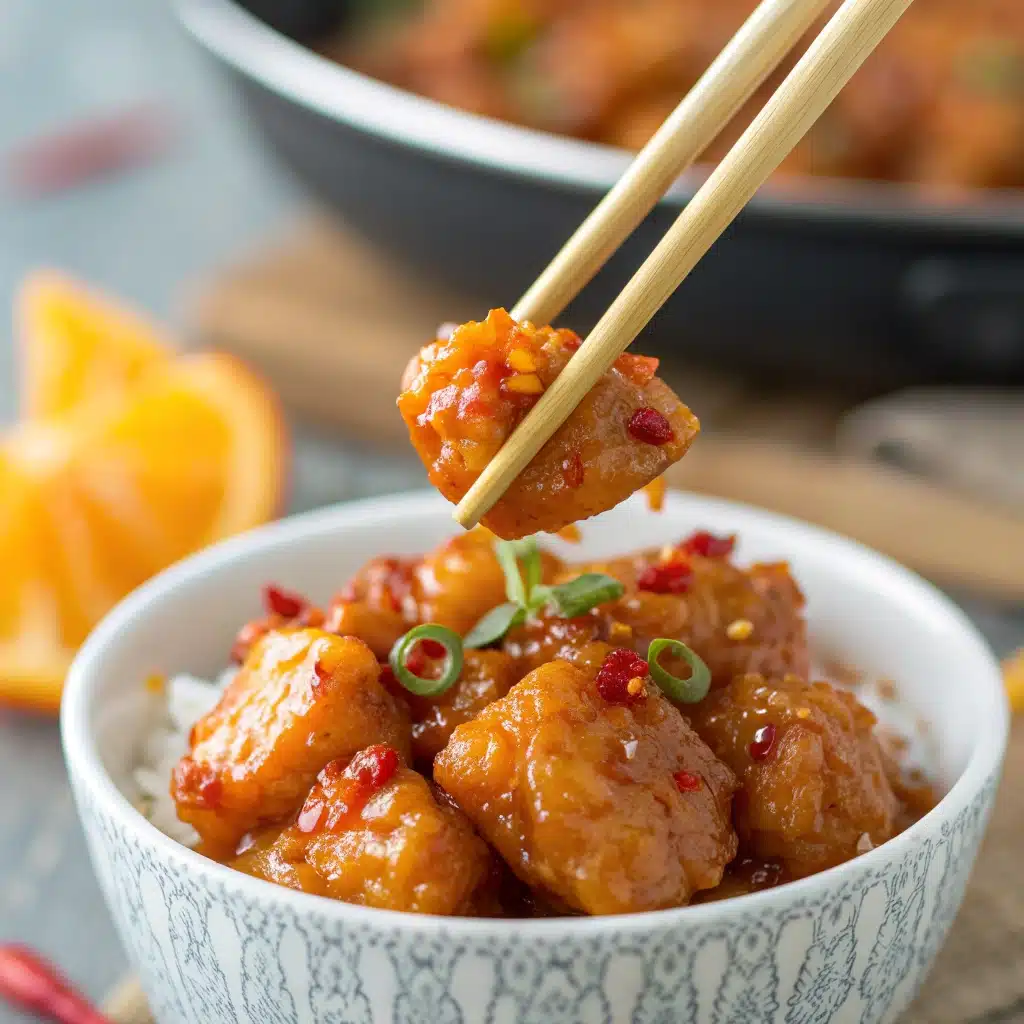 A close-up of a single piece of Gluten Free Orange Chicken held by chopsticks.