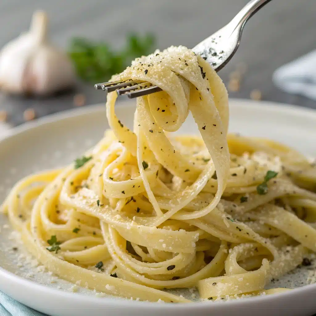 A close-up forkful of cooked fresh gluten-free pasta.