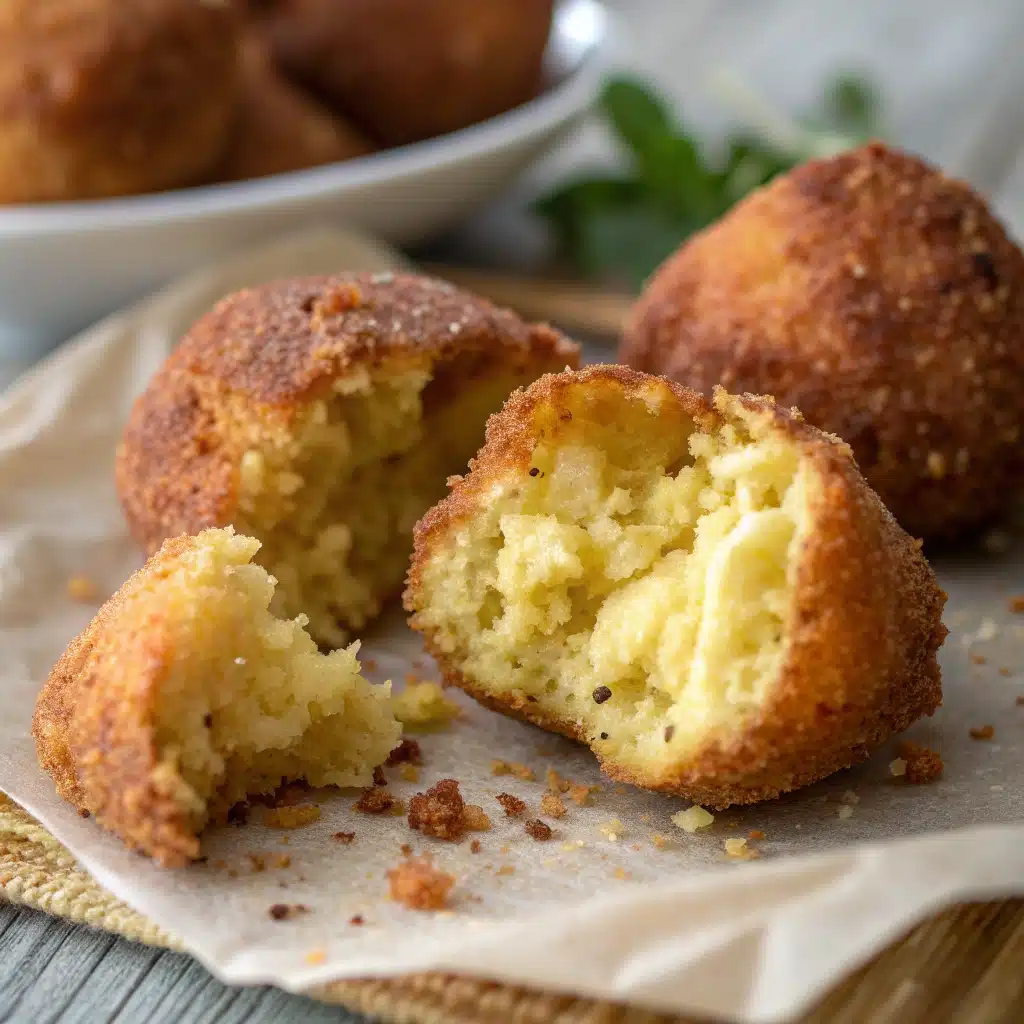A close-up of a broken open Gluten-Free Hush Puppy showing the soft texture.