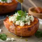 A close-up of a single Roasted Sweet Potato Round with Honey & Feta.