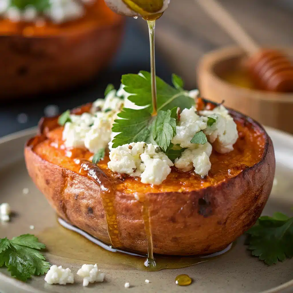 A close-up of a single Roasted Sweet Potato Round with Honey & Feta.