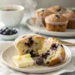 Inside texture of a fluffy gluten free blueberry muffin.