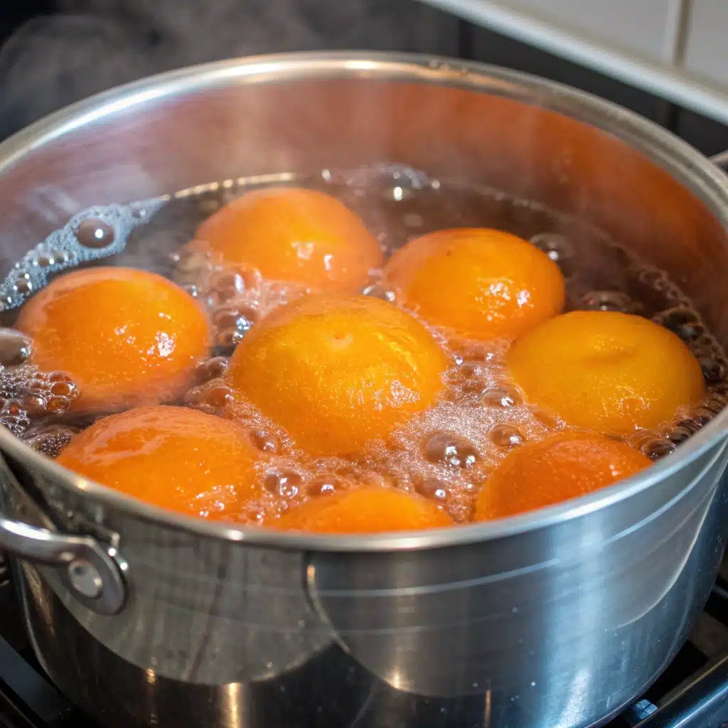 Whole oranges boiling in a pot of water.